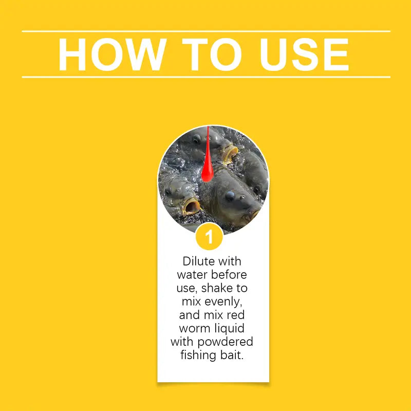 Fishing attractant use instruction card showing water dilution step for liquid