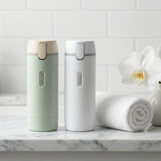 4-in-1 dispenser set with mint and white bottles, each with a flip-pour top pump