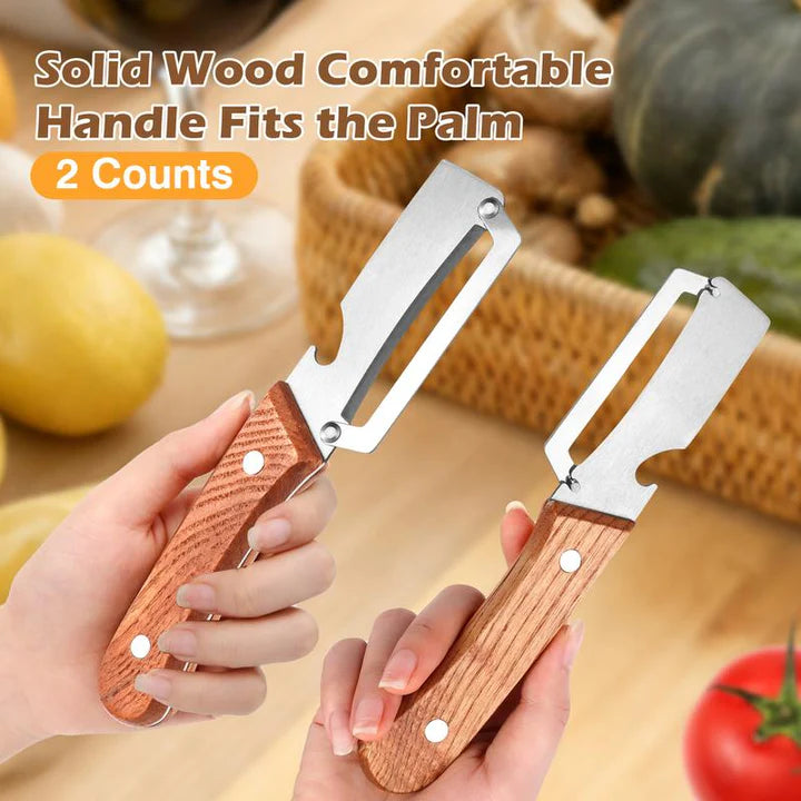 Vegetable peeler set with two stainless-steel blades on wooden handles, held in hands