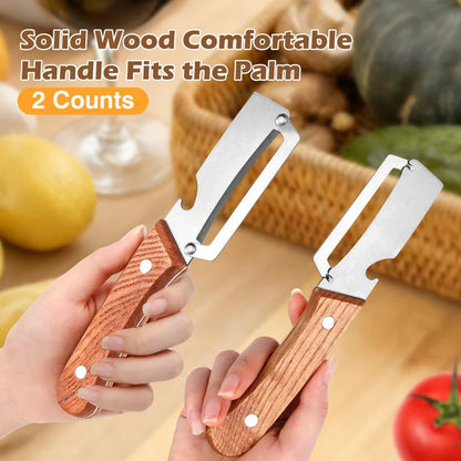 Vegetable peeler set with two stainless-steel blades on wooden handles, held in hands