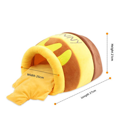 Yellow and brown plush cat nest bed with tunnel opening and height and width lines