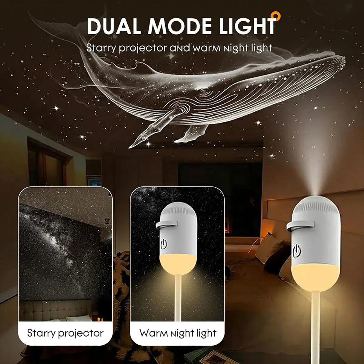 White dual-mode galaxy projector showing starry projector light and warm night glow