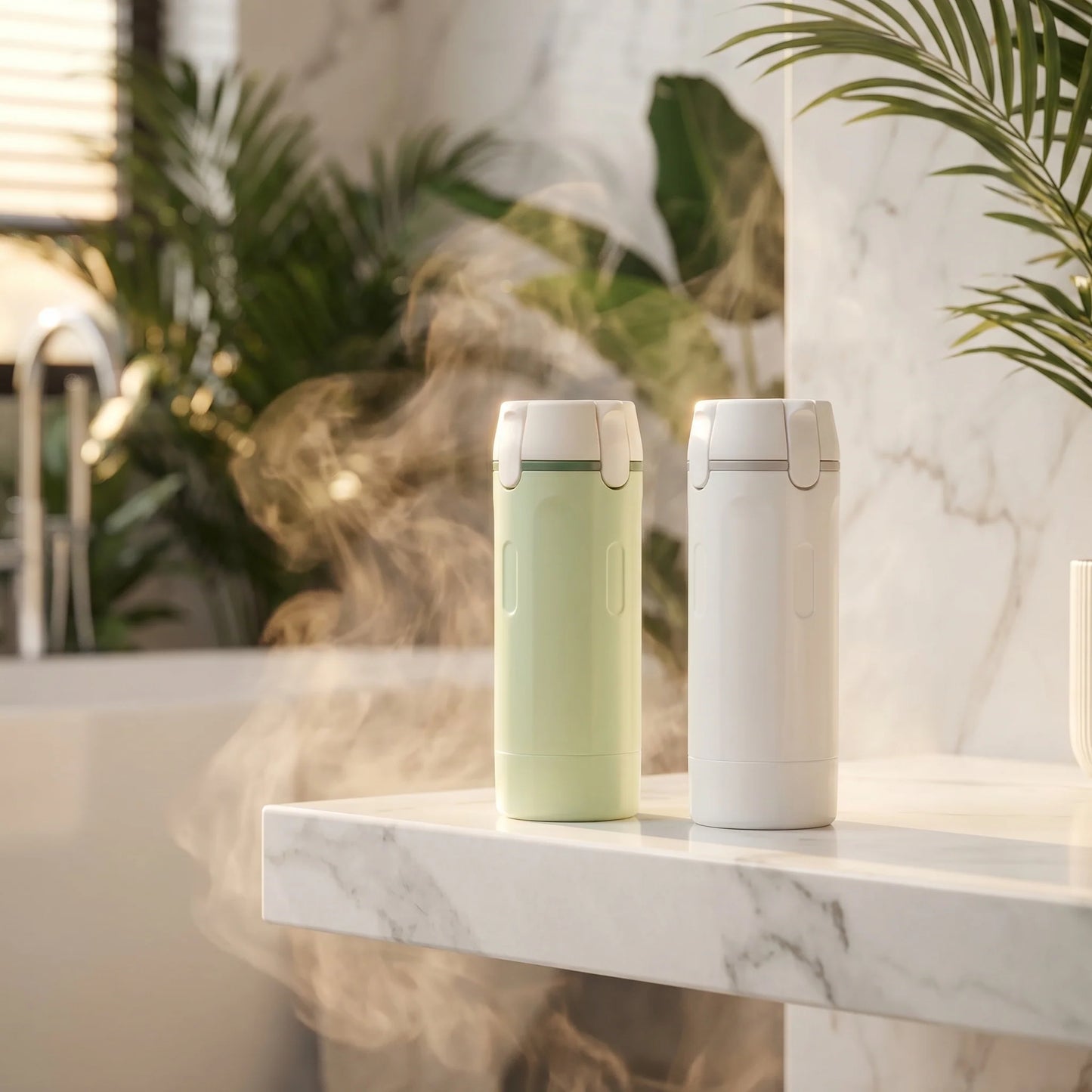 Two upright 4-in-1 dispenser bottles, one mint and one white, on a countertop