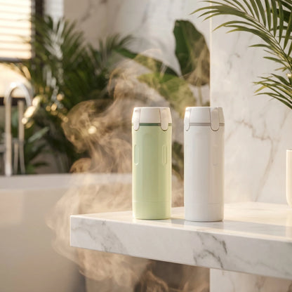 Two upright 4-in-1 dispenser bottles, one mint and one white, on a countertop