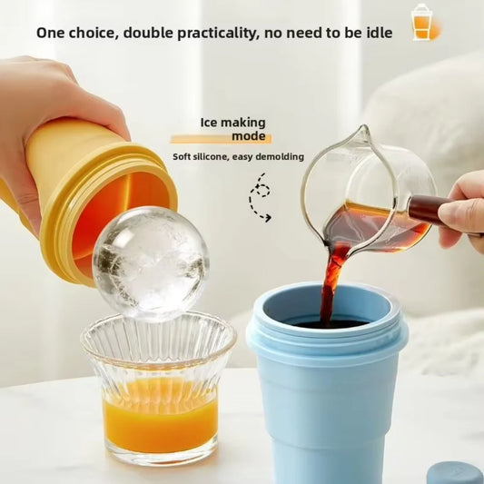 2-in-1 collapsible silicone ice cup set with ice ball mold, blue and yellow cups