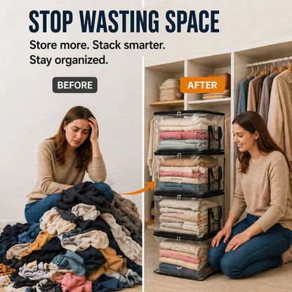 Stacked transparent storage boxes with black frames, holding neatly folded clothes