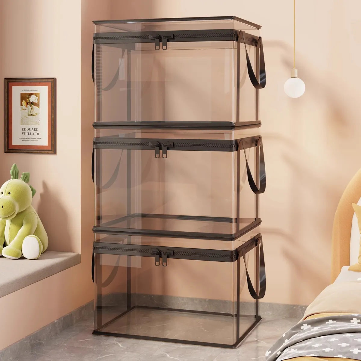 Foldable clear plastic storage boxes with black handles, two stacked units