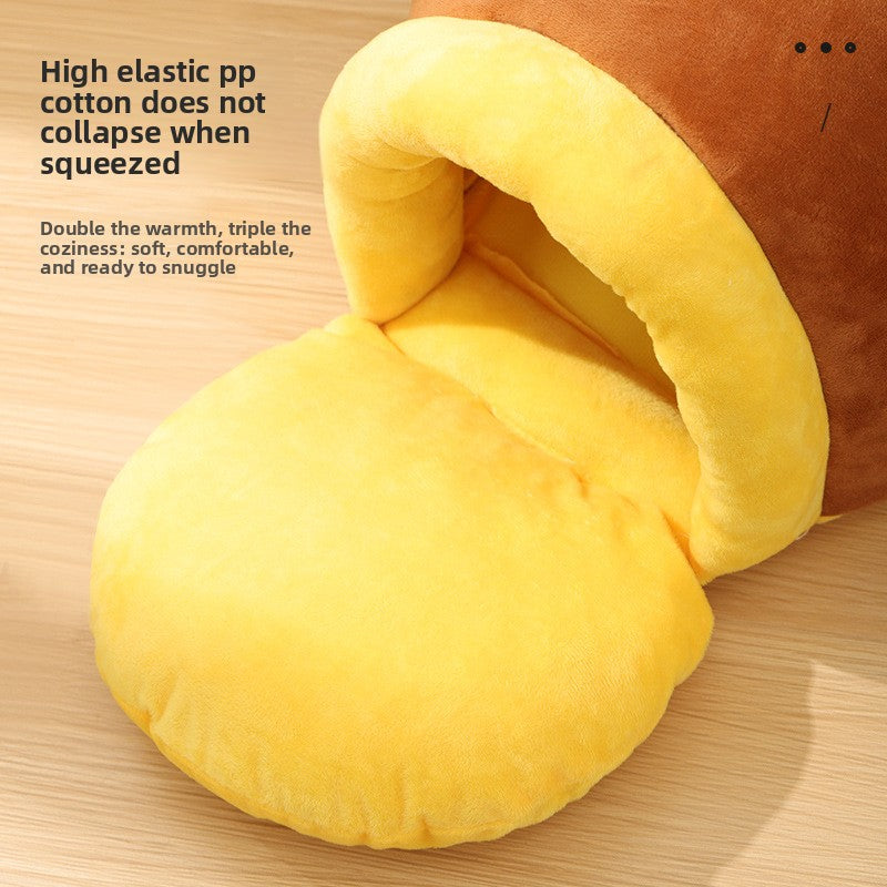 Yellow plush cat nest bed with curved tunnel opening and brown outer shell