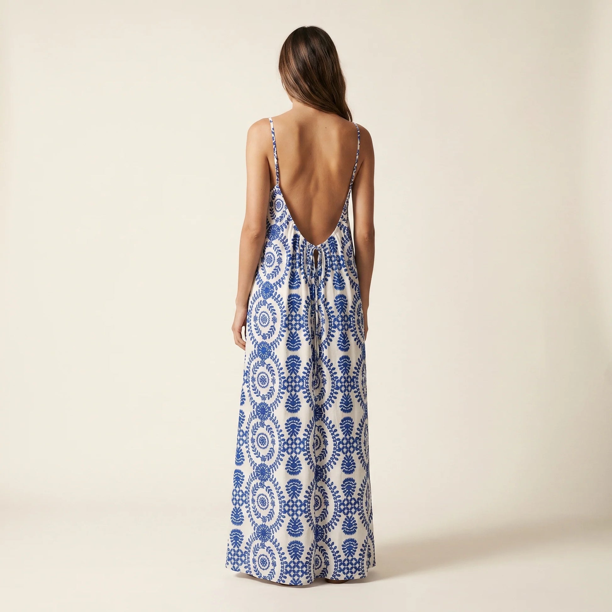 Blue circular patterned maxi dress, low backless back, spaghetti straps
