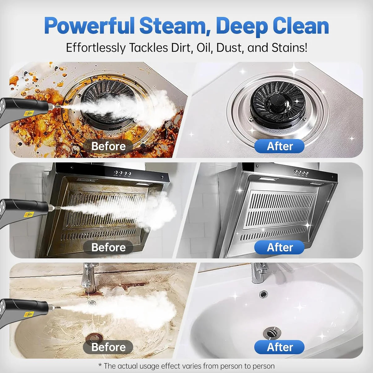 Steam cleaner nozzle releasing vapor on kitchen surfaces for deep cleaning