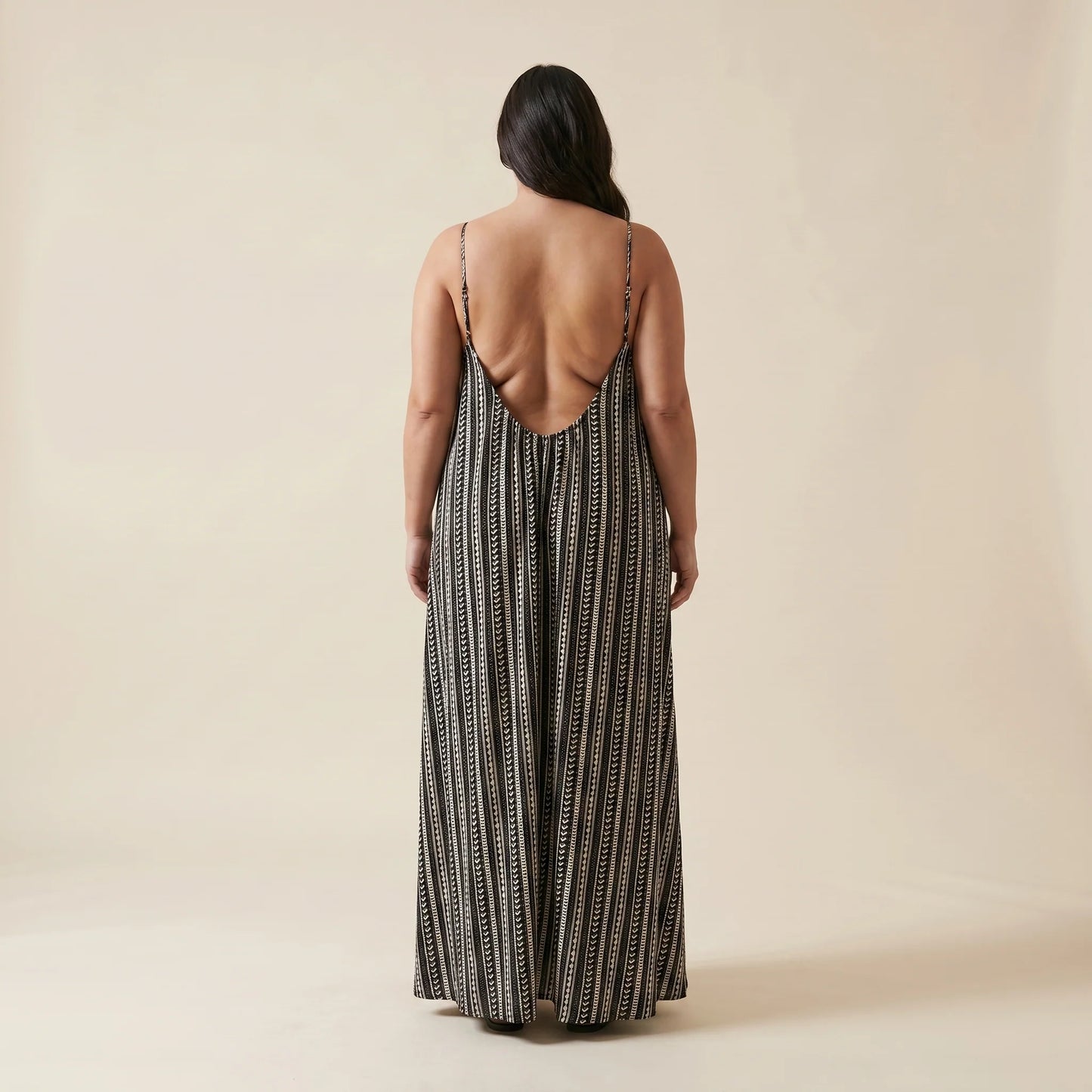 Black-and-white striped maxi dress, low backless back, spaghetti straps
