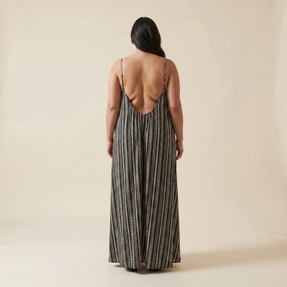 Black-and-white striped maxi dress, low backless back, spaghetti straps