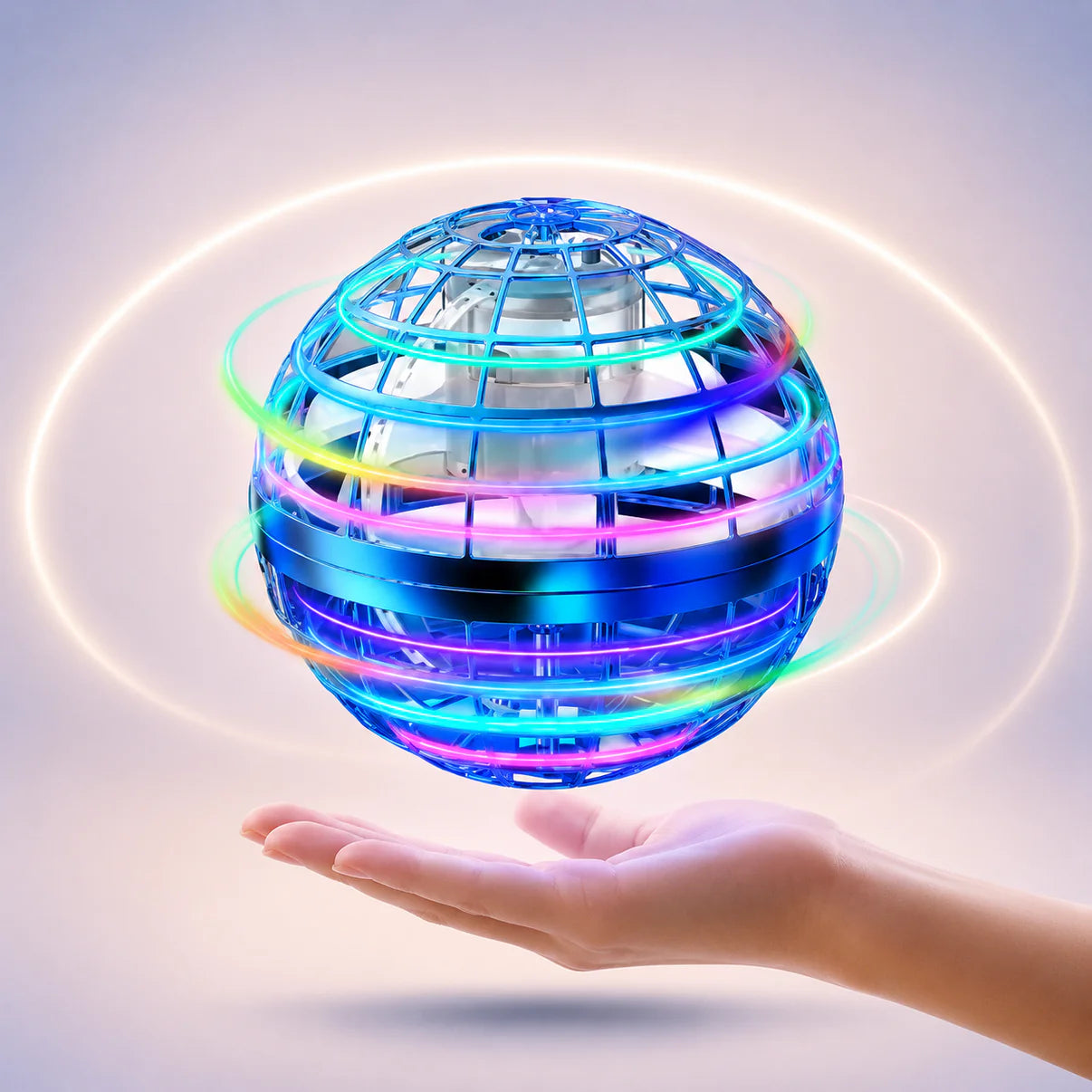 Blue LED orb drone with rainbow accent glow floating above a hand, circular light ring
