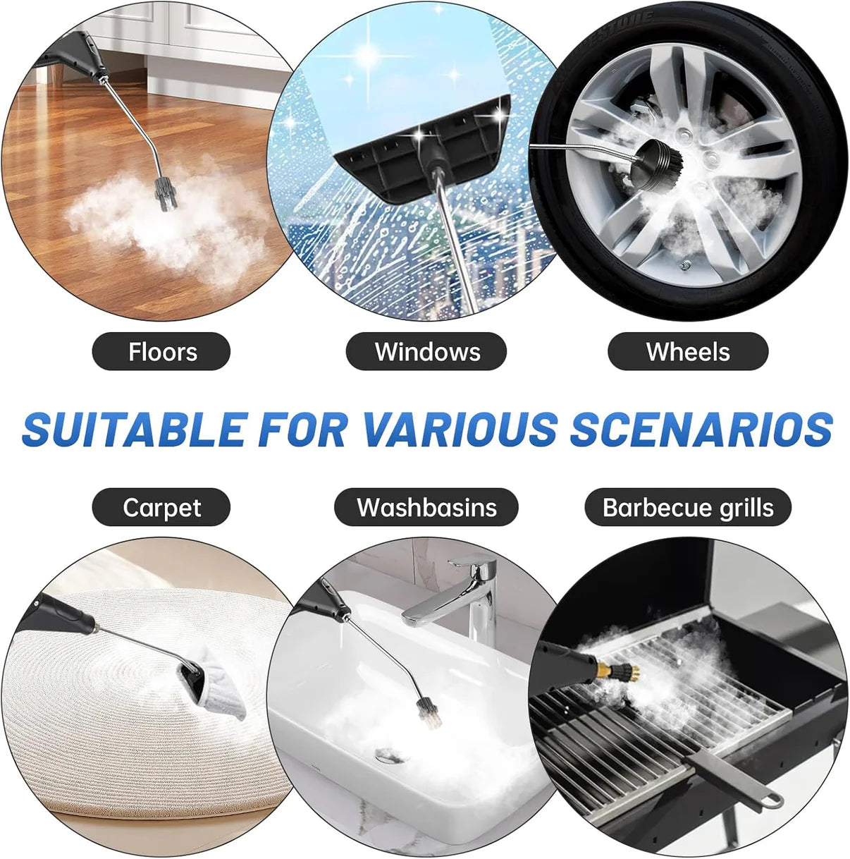 Steam cleaner wand releasing vapor for floors, windows, and wheels