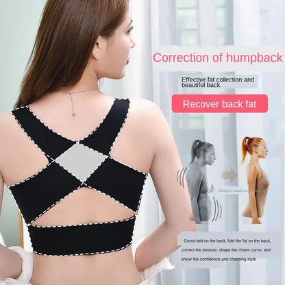 Black posture-correcting bra with crossed back straps and curved seam lines.