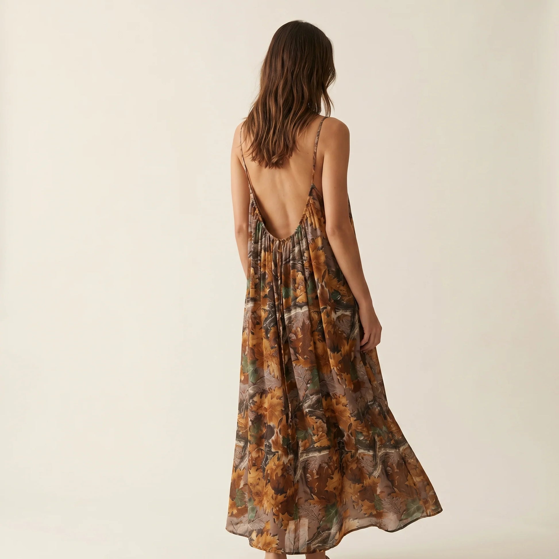 Multicolor floral leopard maxi dress, low backless design, spaghetti straps