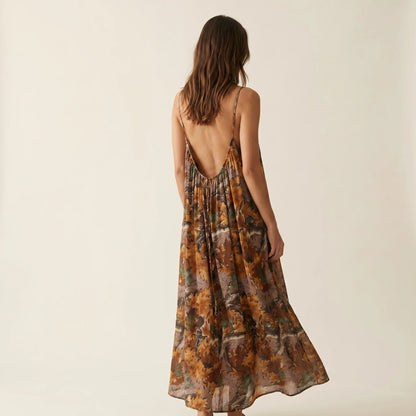 Multicolor floral leopard maxi dress, low backless design, spaghetti straps