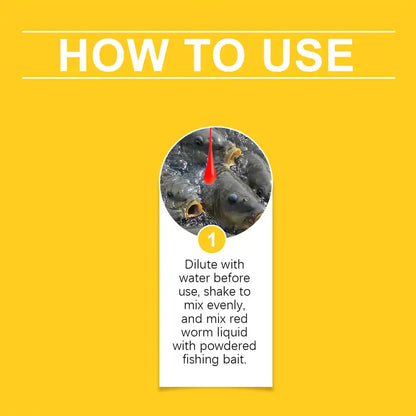 Fishing attractant use instruction card showing water dilution step for liquid