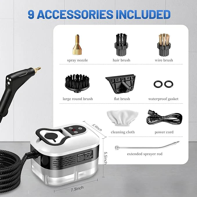 Steam cleaner accessory set with spray nozzle, brush heads, cleaning cloth, and cord