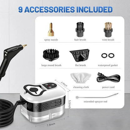Steam cleaner accessory set with spray nozzle, brush heads, cleaning cloth, and cord