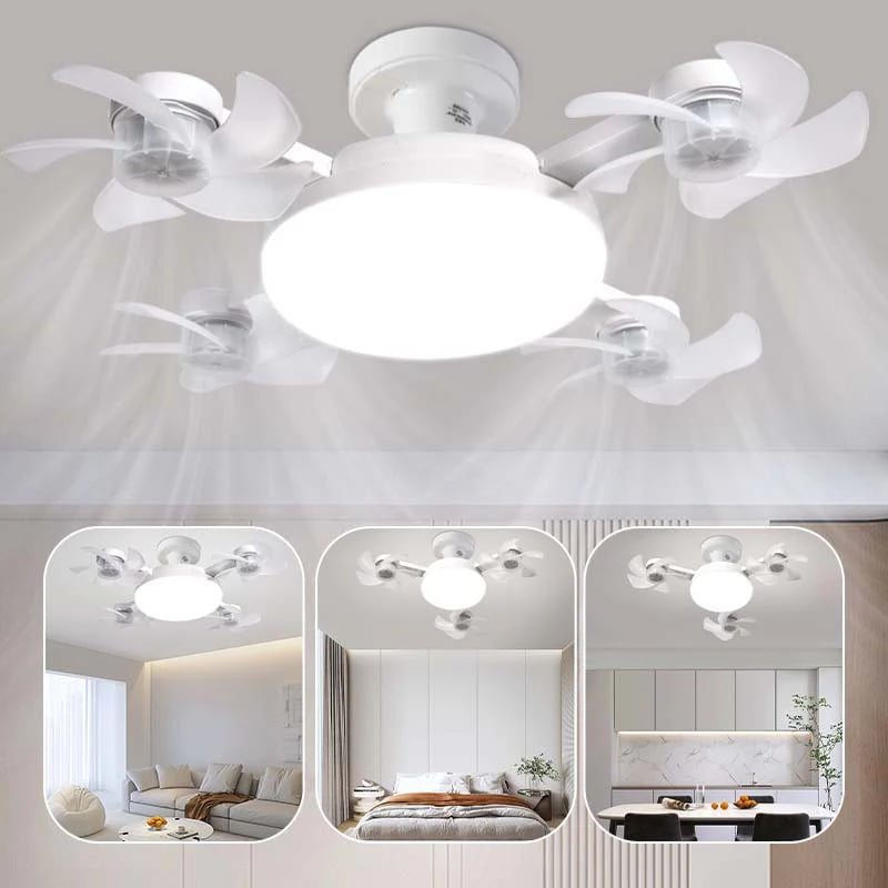 E27 LED ceiling fan light with multiple white blades and round central light cover