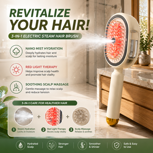 Rechargeable steam hair straightener brush with detangling comb, white handle and round head