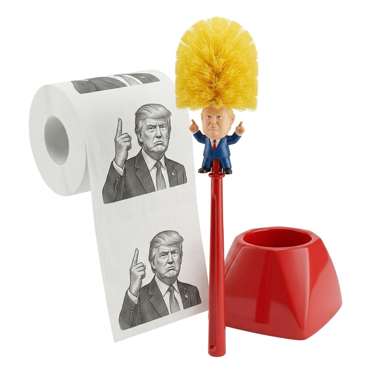 Toilet brush with red handle, yellow bristles, and a cartoon figurine head