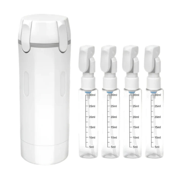 White 4-in-1 dispenser with four small refill bottles and flip-top spray nozzles