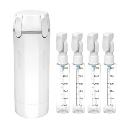 White 4-in-1 dispenser with four small refill bottles and flip-top spray nozzles