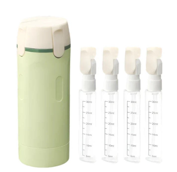 Mint 4-in-1 dispenser with four small refill bottles with flip-top spray nozzles