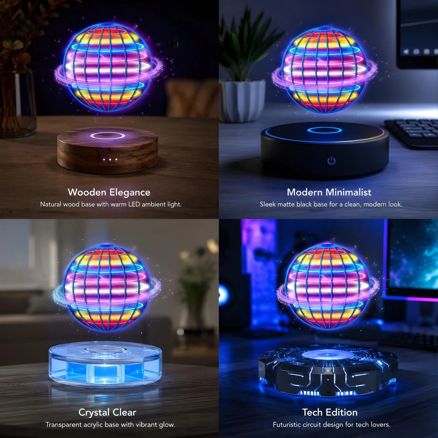 LED orb drone shown on a tabletop with colorful glow, with two base styles behind