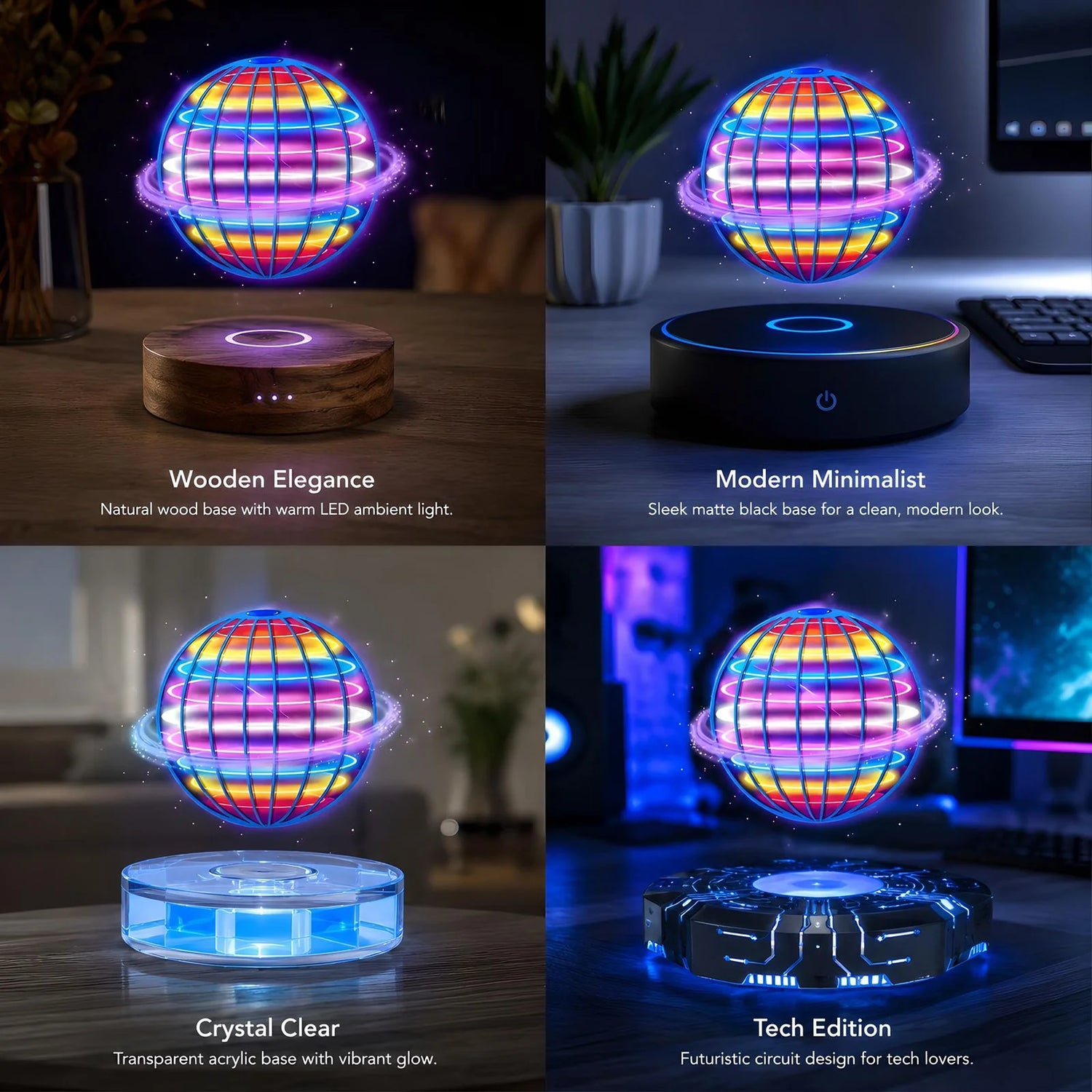 LED orb drone shown on a tabletop with colorful glow, with two base styles behind