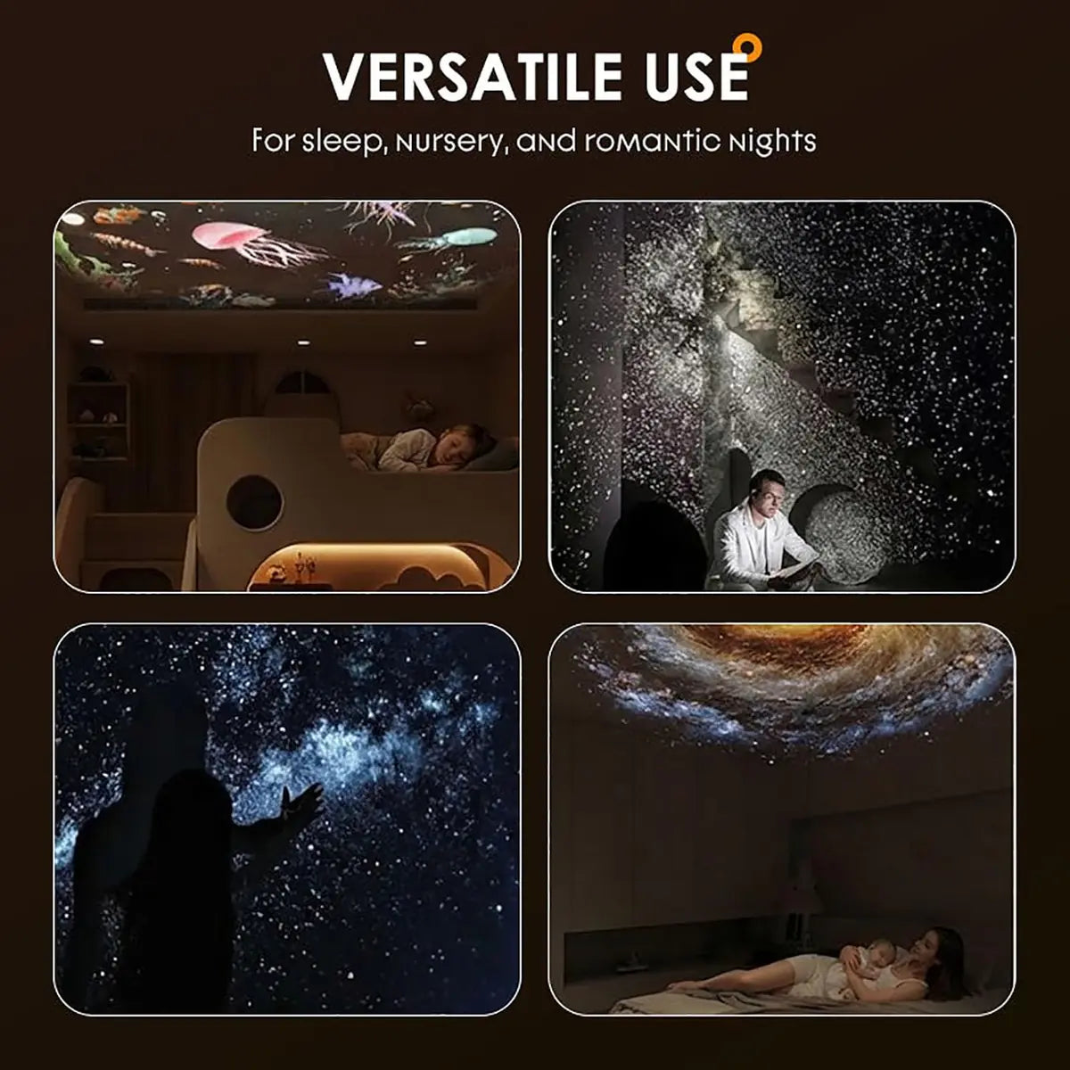 Galaxy projector night light showing starry sky projections on ceiling and walls.