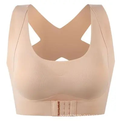 Beige posture-correcting bra with hook-and-eye back closure and cutout neckline.