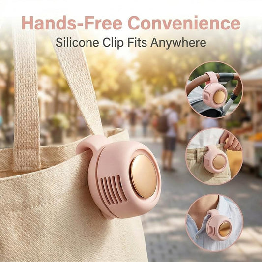 Portable clip-on cooling fan with silicone clip, pink body and vented grille