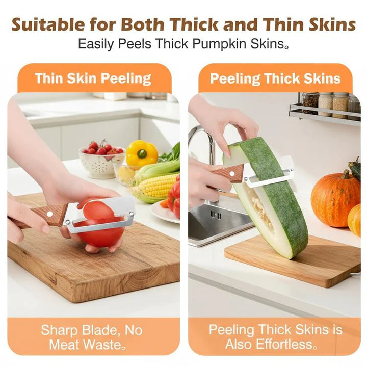 Vegetable peeler with stainless-steel blade and wooden handle peeling a pumpkin