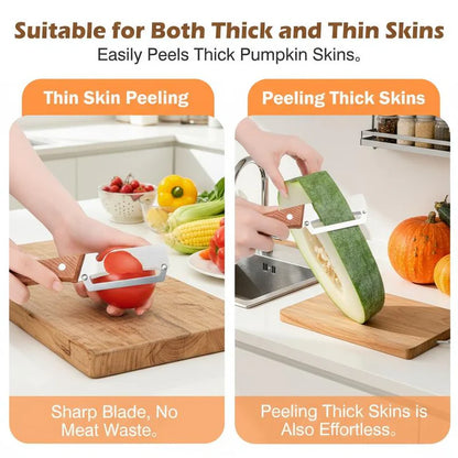 Vegetable peeler with stainless-steel blade and wooden handle peeling a pumpkin