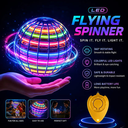 LED flying orb drone with rainbow glow, inside a blue wire cage and held above a hand