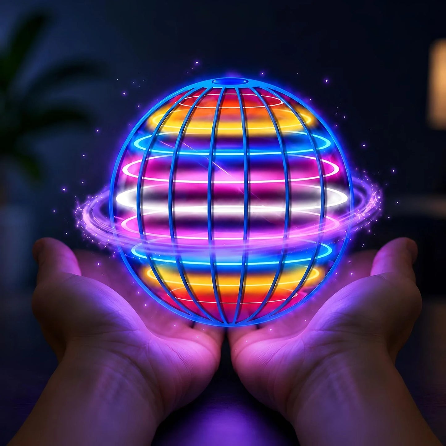 Glowing LED orb drone in blue wire cage, floating above two hands with colorful lights