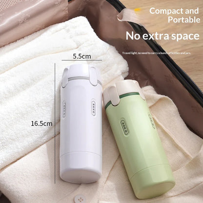 Compact 4-in-1 dispenser bottles in white and mint with flip-pour tops