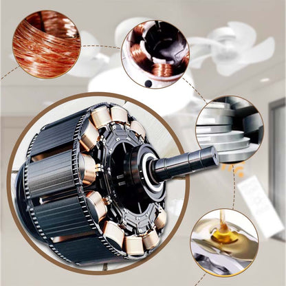 E27 LED ceiling fan light with close-up of internal motor and gear assembly components
