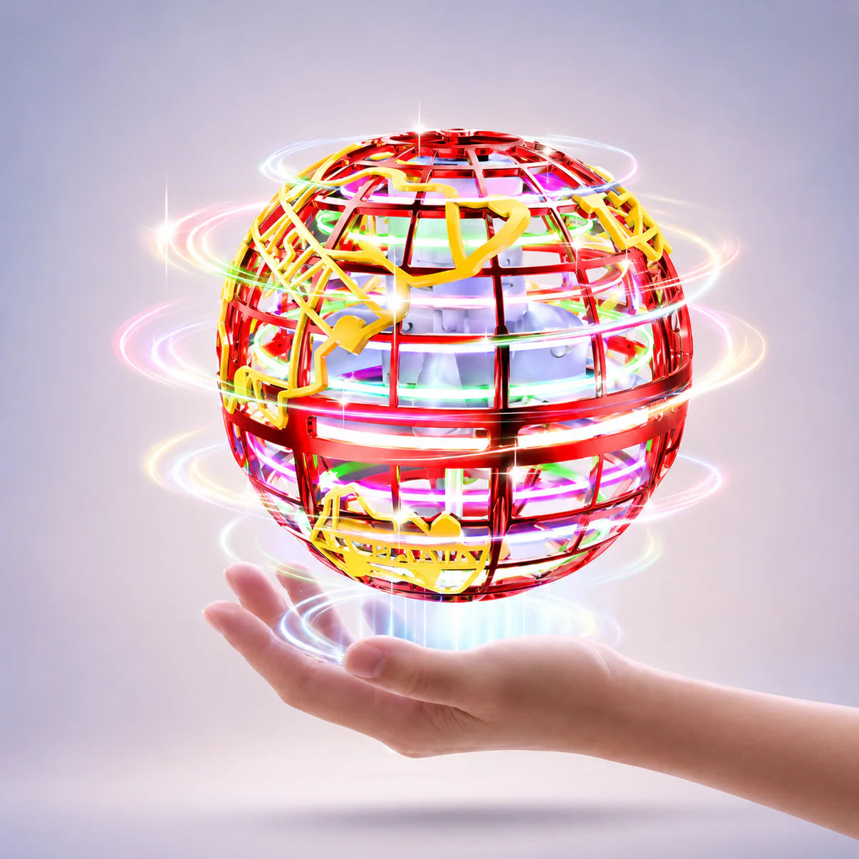 Red LED orb drone with multicolor glow floating above an open hand