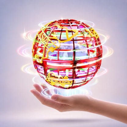 Red LED orb drone with multicolor glow floating above an open hand