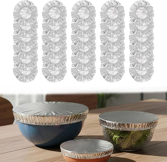 Reusable aluminum foil food covers, circular crimped lids with central opening