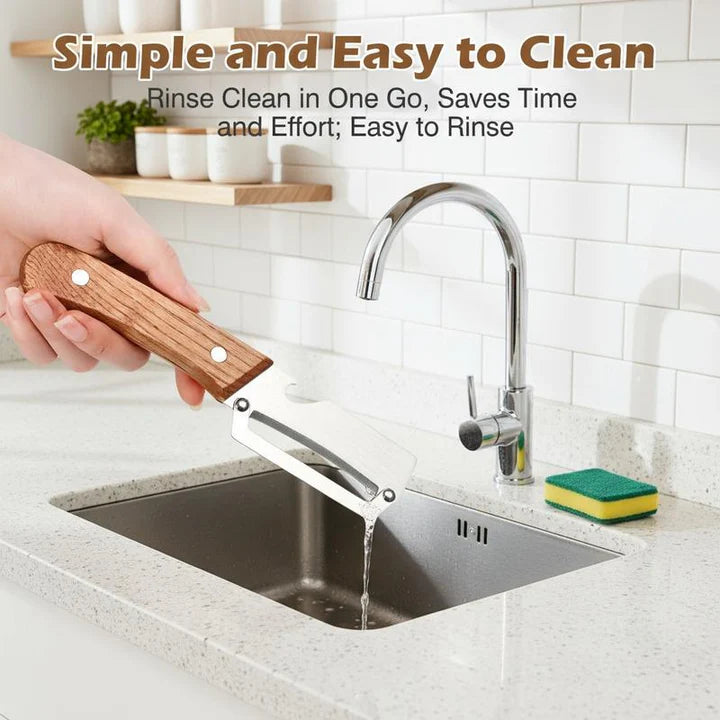 Vegetable peeler with wooden handle rinsing under running water in a sink