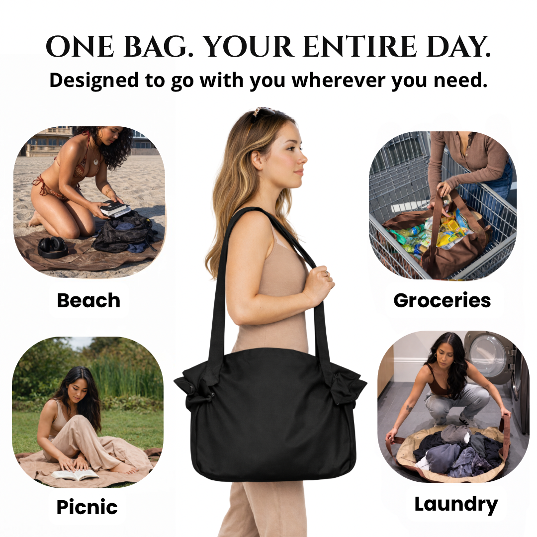 Black foldable travel organizer bag carried by the side handles