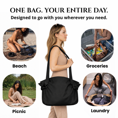Black foldable travel organizer bag carried by the side handles