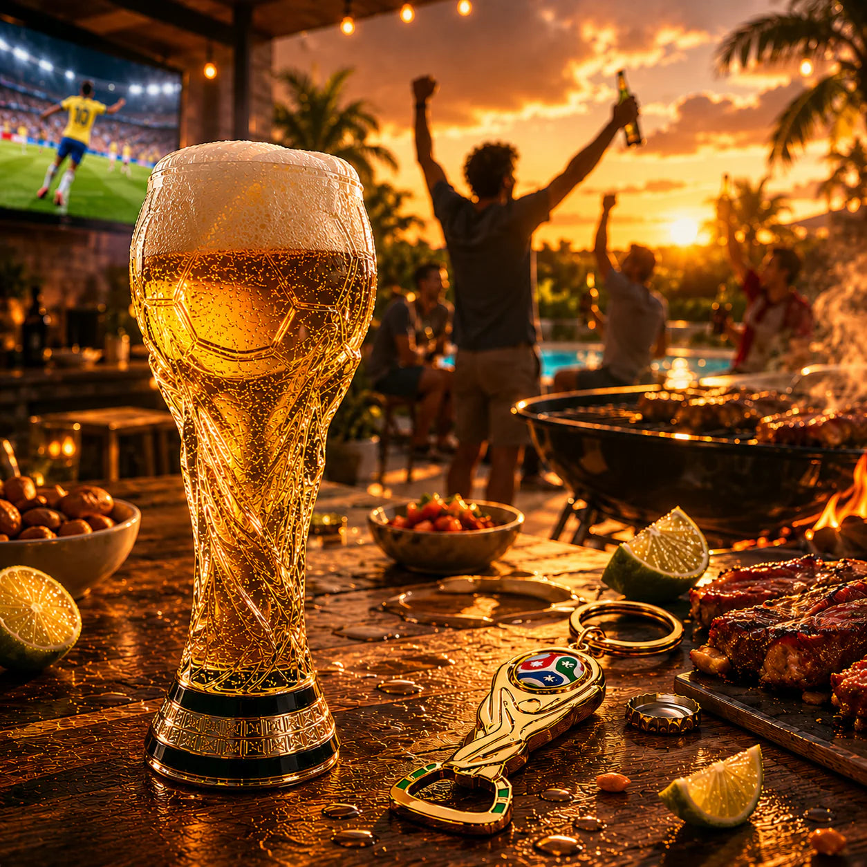 Crystal trophy glass with soccer-ball cutout, clear body with amber interior