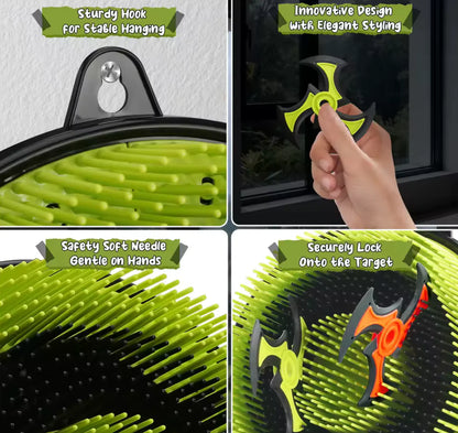 Spiked neon throwing target with hanging hook and shuriken-style stars locking on