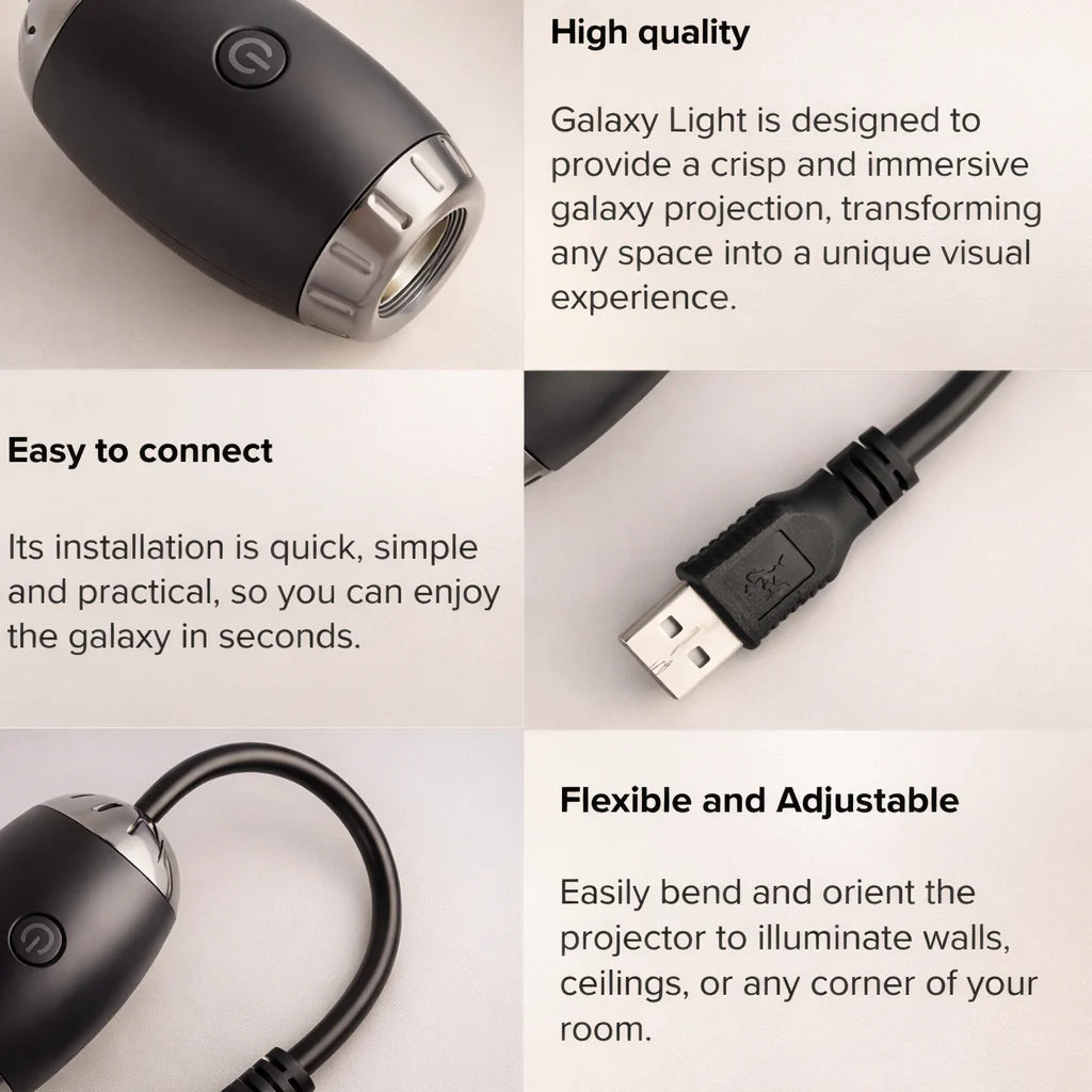 Black galaxy light projector with power button and USB cable connector